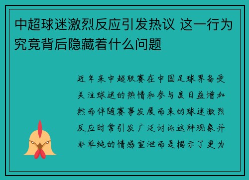 中超球迷激烈反应引发热议 这一行为究竟背后隐藏着什么问题
