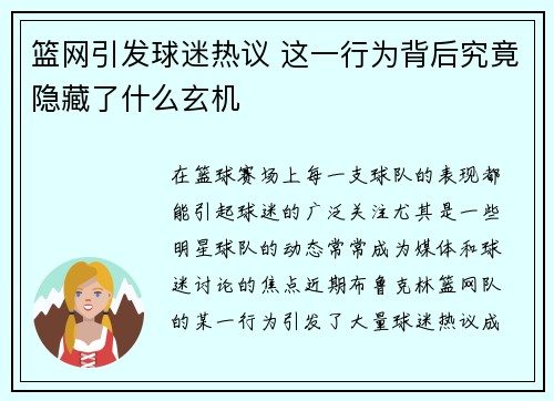 篮网引发球迷热议 这一行为背后究竟隐藏了什么玄机