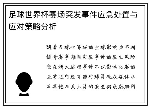 足球世界杯赛场突发事件应急处置与应对策略分析