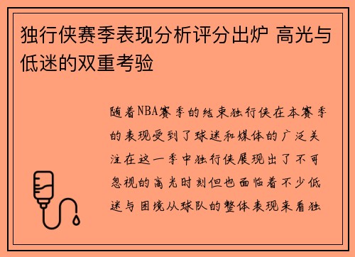 独行侠赛季表现分析评分出炉 高光与低迷的双重考验